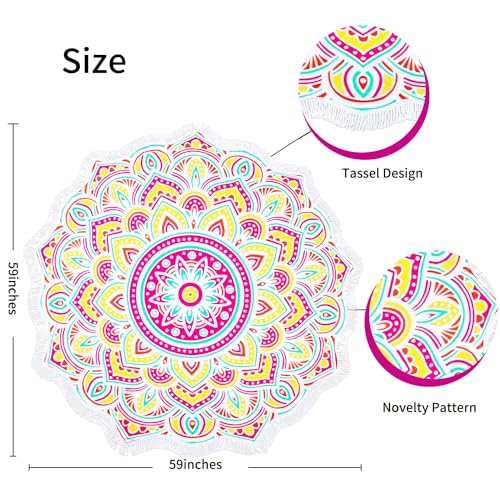 Benefeet Sox Large Mandala Beach Towel Round Microfiber Circle Beach Towels Bohemian Roundie Beach Blanket Quick Dry Beach Throw Blanket Sand Free Pool Towels, 59 Inches Yellow Multi - color: Mandala, Yellow Multi