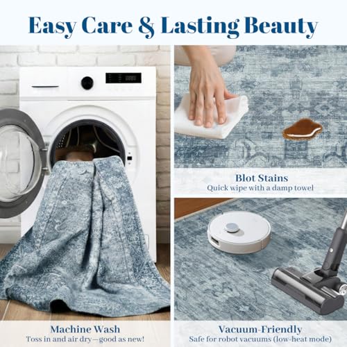 Homemate Washable Rug 2x6 Area Rugs - Vintage Faux Wool Rugs for Living Room Bedroom Dining Room - Non Slip Foldable Carpet Indoor Area Rug for Home Decor（2'x6', Blue - color: Blue, size: 2x6 ft