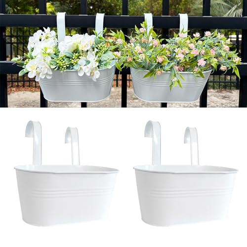 10" Hanging Flower Pots, Pack of 2 White Metal Outdoor Patio Balcony Planter, Railing Planters Fence Pot with Detachable Hook & Drainage Hole for Small Plants (White, 2Pcs) - color: White