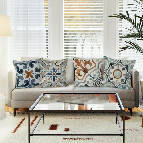 Boho Pillow Covers - 18x18, Watercolor Boho Vintage Retro Floral Mandala Linen Throw Pillow Covers Set of 4, Decorative for Living Room, Bed, Outdoor