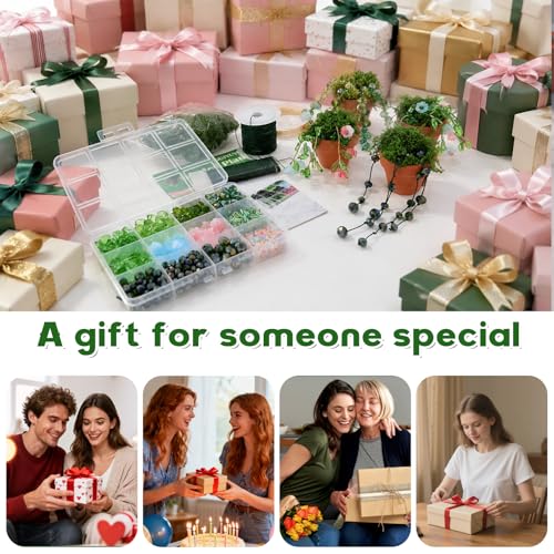 GUJYUYIF Green Glass Beads Kit with Rattan Basket,Beaded Plant Kit Plant Beaded Crystal Glass Leaf Flower Glass Bead for Succulent Plant Making and DIY Crafts - color: Terracotta Pot