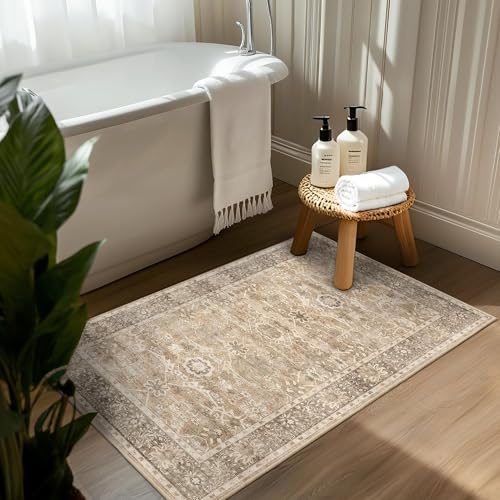 2x3 Entryway Rug Beige Washable Vintage Rugs for Entryway Kitchen Low Pile Non-Slip Door Mat Traditional Distressed Small Throw Area Rugs for Kitchen Entrance Bathroom Beige - color: Beige, size: 2'*3'(Rectangular)