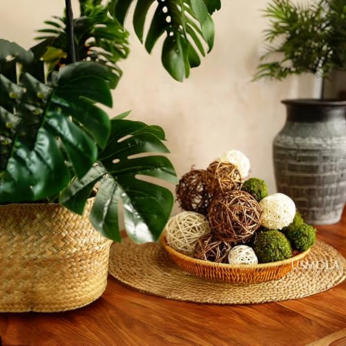 USMOLA 18Pcs Decorative Balls for Centerpiece Bowl - 6Pcs Fake Moss Balls + 12Pcs Rattan Wicker Balls, Artificial Moss Decorative Balls Vase Fillers for Home Garden Wedding Party Decor (Rustic)