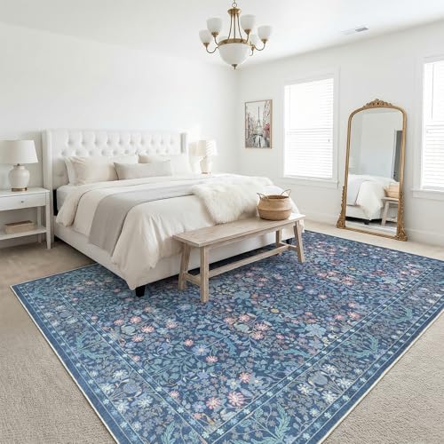 Blue Floral Living Room Rug 5x7 Area Rug - Vintage Forest Washable Rug for Dining Room, Bedroom, Ultra Soft Low Pile Non Slip Stain Resistance Distressed Boho Farmhouse Flower Carpet - color: Blue, size: 5' x 7' (Rectangular)