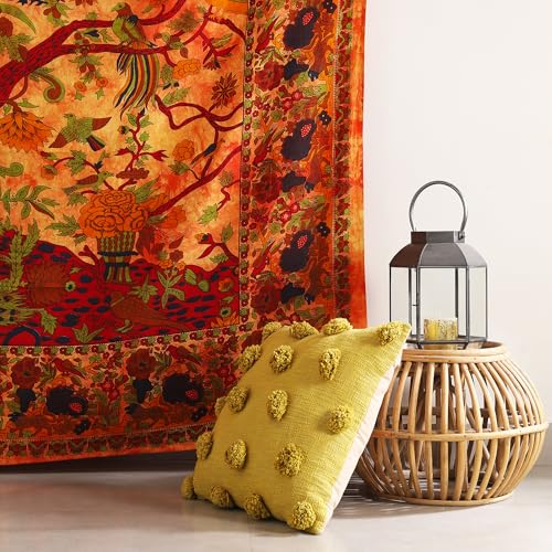 Popular Handicrafts Tapestry Wall Hanging Hippie Tree of Life Bohemian Hippy Psychedelic Intricate Floral Design Indian Tapestries Bedspread 90x84 Inches,(230cm x 215cm) Orange - color: Orange, size: 90"L x 84"W