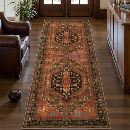 Ciicool Washable Non Slip Runner Rug, 2x6ft Hallway Rug Vintage Kitchen Rugs Red Carpet for Entrance Bedroom Bedside Living Room Kitchen Laundry Bathroom Decor - color: Red/Gold, size: 2' X 6' (Runner)