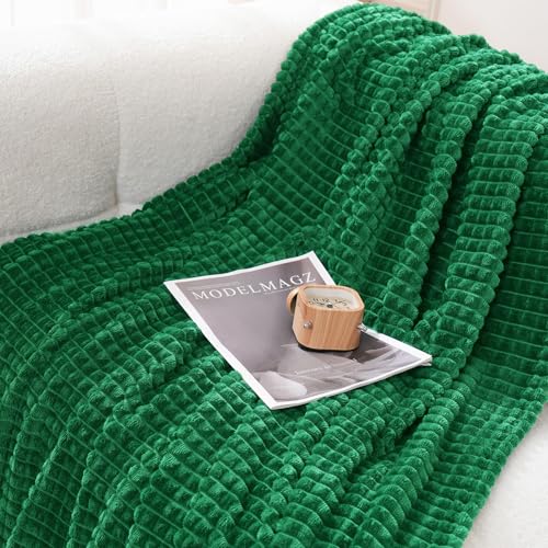 Puncuntex Flannel Fleece Throw Blanket Classic Green 50"×60",Super Soft Plush Cozy Blanket with Square Grid Design Luxury for Couch Sofa Chair - color: Classic Green, size: 50"×60"