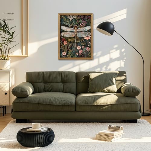 ICHZUMW William Morris Vintage Dragonfly Canvas Wall Art Framed, Green Botanical Wall Decor Pictures for Bedroom Living Room, Colorful Nature Painting Artwork Prints, Rustic Home Decorations, 12x16in - color: Dragonfly, size: 16"L x 12"W