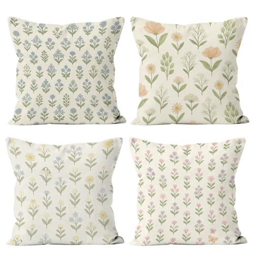 Blue Green Block Throw Pillow Covers 18x18 Set of 4, Vintage Floral Spring Decorative Cushion Cases for Couch Sofa and Bedroom Pillcases Home Decor for Living Room - color: Blue Green Block