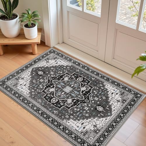 Macgace 2x3 Black Grey Small Area Rug for Entryway, Soft Washable Rugs with Non-Slip Backing for Bedroom Kitchen, Vintage Throw Carpet Laundry Entry Front Door Decor - color: Black & Grey, size: 2' x 3' (Rectangular)