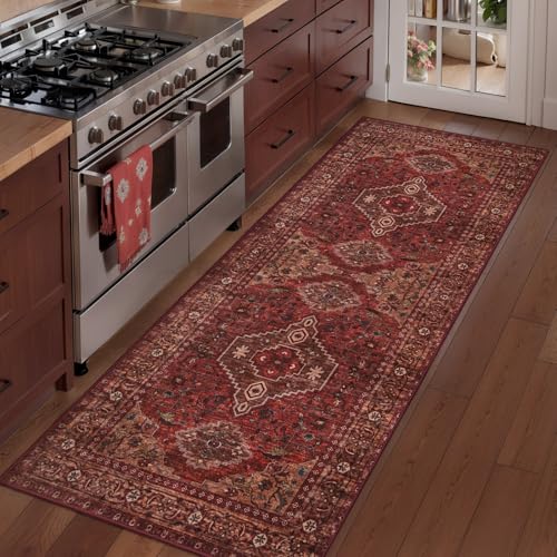 Tangsoo Red Oriental 2x5 Washable Runner Rug for Hallways, Non Slip Boho Runner Rug, Vintage Soft Low Pile Long Rug Runner, Carpet Runners for Kitchen Bedroom Entryway Bathroom Living Room Dark Red - color: Dark Red, size: 2' X 5' (Runner)