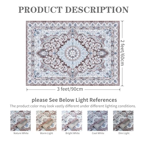 Foxmas Small Rugs for Entryway 2x3 Feet, Non-Slip Doormat Indoor Entrance Vintage Washable Area Rug, Low Pile Throw Rugs for Entryway Bedroom Kitchen Living Room, Brown - color: Brown/Blue, size: 2' X 3' (Rectangular)