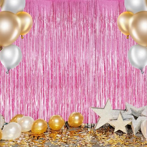 DECOCKRAT 3 Pack Foil Fringe Backdrop - Pink Shiny Tinsel Curtains for Party Decoration/Photo Booth Props - 3.3x8.2 FT Metallic Foil Backdrop for Birthday, Wedding, Graduation, Christmas. - color: Pink