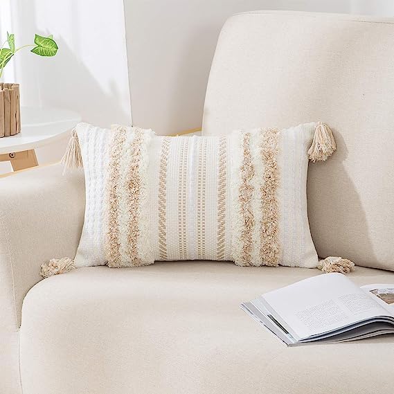 decorUhome Summer Decorative Boho Throw Pillow Cover 12x20, Lumbar Accent Neutral Textured Tufted Pillow Cover Striped for Couch Bed Sofa, Khaki and Cream White, Pack of 1 - color: Khaki and Cream White, size: 20" x 12" (Pack of 1)
