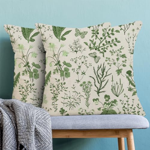AEIOAE Summer Pillow Covers 16x16 Inch Set of 2,Olive Green Wild Flower Plant Throw Pillows Case,Seasonal Floral Outdoor Decorative Square Linen Farmhouse Decor Cushion Covers for Home Sofa Bed Couch - color: Olive Green Wild Floral, size: 16" x 16" (Pack