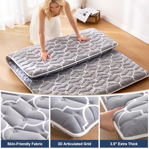 6th Generation Japanese Floor Futon Mattress - Extra-Thick 9-Layer Modern Futon with 100% High-Density Foam, Portable Floor Mattress Sleeping Pad for Adults, Guest Room, Dormitory, Queen Size(60"X80") - color: Grey, size: Queen(60"X80")