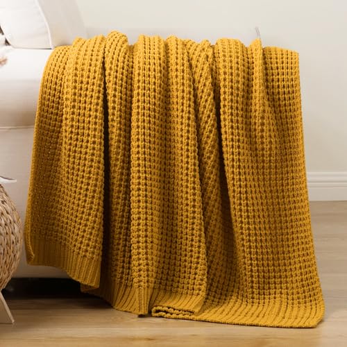 Bunnikins & Clover Knitted Waffle Throw Blanket 50x60 Inches, Mustard Yellow Throw Blanket for Couch, Soft Cozy Chenille Knit Blanket Warm Decorative Throw for Sofa - color: Mustard, size: 50"x60"