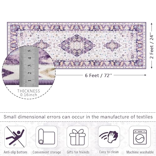 Amearea Vintage Design Area Rugs for Living Room, 2x6 Machine Washable Floral Collection Traditional Bedroom Rug, Low Pile Cute Kids Room Print Carpet, No Slip Office Kitchen Home Decor, Purple - color: Purple, size: 2' X 6' (Runner)