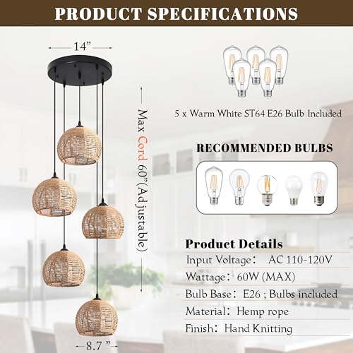 5-Light Woven Foyer Chandeliers for High Ceiling,5 Dome Boho Rattan Pendant Light Farmhouse Wicker Ceiling Light,rustic Hemp rope Light Fixture For Living Room Hallway Staircase Entryway(Bulb Incl. - color: 14" Natural 5-Light