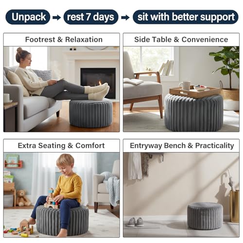 Tiita Round Stuffed Pouf Ottoman, Stripe Faux Fur Poufs with Foam Chunk Filling, Furry and Fluffy Pouf 21×21×12 inch Foot Stool Storage Ottoman,Puff Office Foot Rest for Couch Living Room, Grey - color: Striped Round Grey