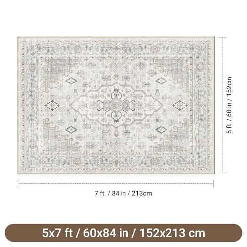 befbee 5x7 Area Rugs for Living Rooms, Stain Resistant Neutral Washable Rugs for Dining Rooms, Floral Vintage Non-Slip Thin Large Size Area Rug(Light Grey) - color: Light Grey, size: 5' x 7' (Rectangular)