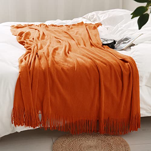 Homiest Decorative Knitted Throw Blanket with Fringe, Lightweight & Soft Acrylic Knit Blanket Tassel for Couch, Sofa, Bed (Dark Orange, 50 x 60 Inch) - color: Dark Orange, size: 50" x 60"