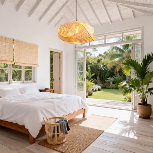 Bohemia Chandelier Light for Dining Room, Woven Bamboo Pendant Light, Hand-Woven Rattan Boho Ceiling Light for Kitchen Island Bedroom, Natural Wood Hanging Lamp with 47.2" Adjustable Cord - color: D3051