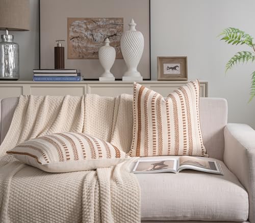 Cethom Brown Boho Throw Pillow Covers 20x20 Inch Set of 2, Stripe Textured Decorative Couch Pillow Cases for Bed, Sofa, Living Room, Bedroom, Farmhouse Home Accent Cushion Covers - color: Brown, size: 20" x 20" (Pack of 2)