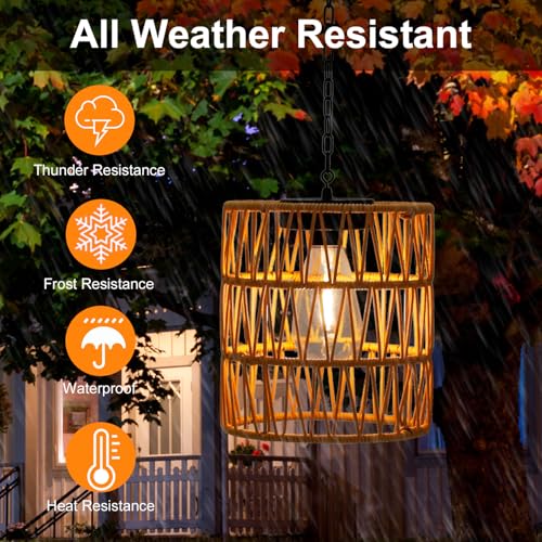 Livinlarge Solar Chandelier Lantern,Outdoor Rattan Pendant Lights,Waterproof Boho Hanging Lamps with Edison Bulb for Gazebo Tree Porch Yard Porch Patio Garden Backyard Decor - style: Solar Chandelier Lantern