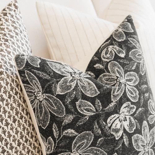 FIOUOVO Floral Throw Pillow Covers 18x18 Set of 2 Farmhouse Pillow Covers Vintage Neutral Accent Pillowcases Decorative Cushion Covers for Sofa Couch Living Room Bedroom Home Decor, Charcoal Black - color: Charcoal Black, size: 18" x 18" (Pack of 2)