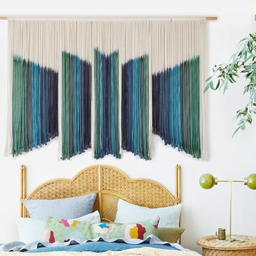 IOWER Macrame Wall Hanging Dip-Dyed 59" Wx37 L Craftsmanship Fiber Yarn Wall Art Boho Macrame Wall Decor - color: blue