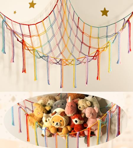 Stuffed Animal Hammock Corner Storage Net Cute Preppy Trendy Stuff Gifts for Teen Girls Baby Room Living Room House Wall Nursery Decor Rainbow Color Colorful Unicorn Hanging Organizers Organization - color: Rainbow, size: Standard(41.5"L x 55.2"W x 41.5"H