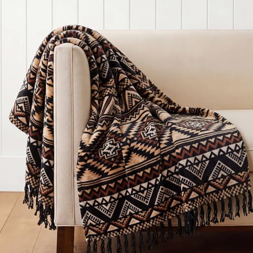 CASAAGUSTO Boho Throw Blanket with Tassel, Farmhouse Western Flannel Bohemian Blanket, Vintage Native Mexican Decorative Throw, Ideal for Gifting (50x60 Inches, Brown Black) - color: Brown Black, size: 50X60