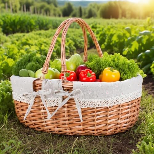 Large Wicker Picnic Basket with Handles,Handle Sturdy Woven Body with Removable and Washable Lining,Outdoor Camping,Gift Packing,Garden Picking, Storage.White Flower - color: White Flower