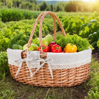 Large Wicker Picnic Basket with Handles,Handle Sturdy Woven Body with Removable and Washable Lining,Outdoor Camping,Gift Packing,Garden Picking, Storage.White Flower - color: White Flower