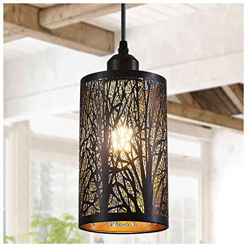 Industrial Black Pendant Light Fixture Vintage Farmhouse Mini Black Gold Pendant Lighting Rustic Hollow-Carved Cylinder Pendant Light for Kitchen Island, Dining Room, Bedroom - color: Black&Gold