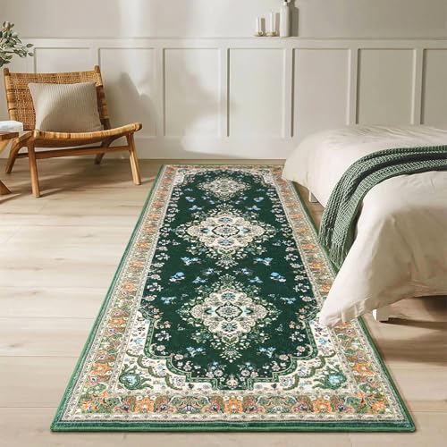 HOMORE Vintage Runner Rug-2x6 Runner Rug for Bedroom Non Slip Washable Hallway Runners Rugs for Kitchen Floor Carpet for Entryway Living Room Laundry Dorm Office, Green - color: Deep Green, size: 2' x 6' (Rectangular)
