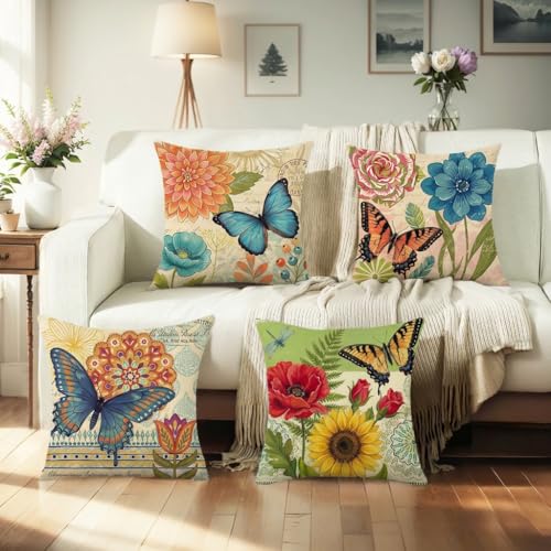 wyooxoo Spring Summer Pillow Covers 20x20 Set of 4 Farmhouse Throw Pillow Covers Linen Flower Butterfly Decorative Pillowcases for Sofa Couch Living Room Outdoor - color: Color D, size: 20" x 20" (Pack of 4)