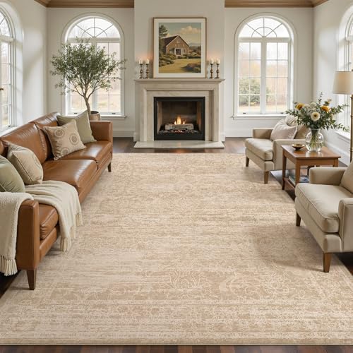 Nakagishi 8X10 Area Rugs Living Room:Washable Large Vintage Rug Neutral Non-Slip Soft Stain Resistant Indoor Carpet for Bedroom Nursery Dining Room Office Playroom - color: Beige/Dark Brown, size: 8' x 10' (Rectangular)