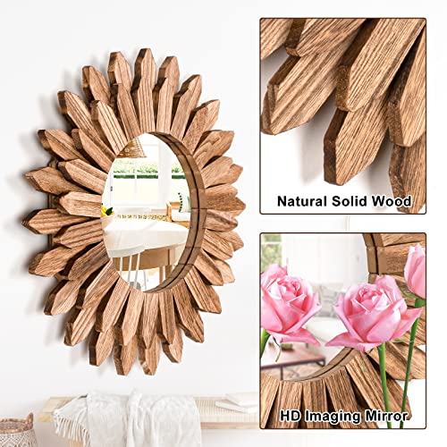 Emfogo Wall Mirror 12 inch Rustic Wood Sunburst Boho Mirror Wall Decor Home Decor for Bedroom Living Room Entryway Farmhouse (Carbonized Black) - color: Carbonized Black, size: 12"L x 12"W