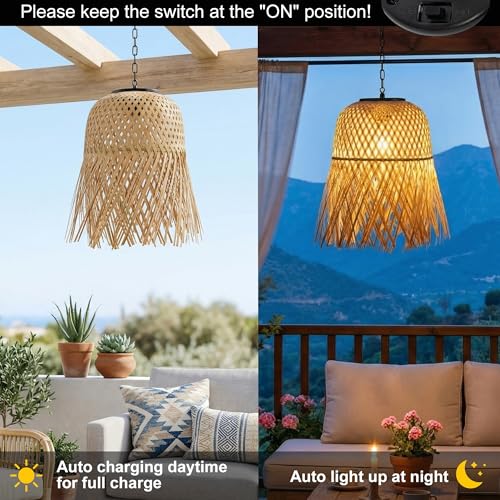 Livinlarge Bamboo Woven Outdoor Chandelier Small Hanging Rattan Solar Pendant Lights Modern Retro Boho Pendant for Gazebo Yard Porch Patio Garden Backyard Decor（1 Pack） - style: Rattan Pendant Lights