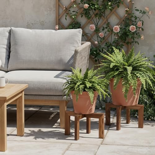 2 Pack Wood Plant Stand, Indoor Outdoor Sturdy Brown Flower Pot Holder Modern Plant Shelf Rattan Flower Plants Stool Elegant Home Decor for 5-18 Inch Pots Patio Variety Pots Easy Assembly