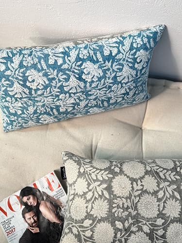 Handblock Printed Vintage Indian Cotton Decorative Throw Pillow Covers, Set of 2 (Vintage Turquoise Grey, 12" x 20" (Pack of 2)) - color: Vintage Turquoise Grey, size: 20" x 12" (Pack of 2)