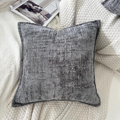 OYIMUA Gray 20x20 Chenille Pillow Covers Set of 2 Farmhouse Decorative Textured Pillow Cases for Living Room Couch Bed Soft Luxury Accent Throw Pillows with Elegant Design - color: Grey, size: 20" x 20" (Pack of 2)