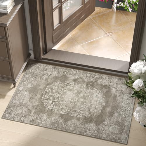 jinchan Floral 2x3 Rug for Entryway - Vintage Washable Area Rug Ultra-Thin Low Pile Soft Small Non-Slip Distressed Indoor Doormat Accent for Entrance Kitchen Bedroom Bathroom (2x3ft, Brown) - color: Fairyland Brown, size: 2' x 3' (Buttery Soft)