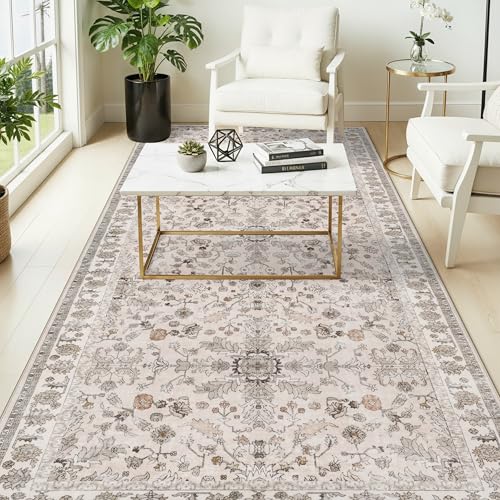4x8 Rug Washable for Entryway Kitchen – Non-Slip Rubber Backed Area Rug for Hallway Bedroom Living Room Office,Boho Floral Low Pile Thin Floor Indoor Mat (Beige,4x8) - color: Beige, size: 4' x 8' (Rectangular)