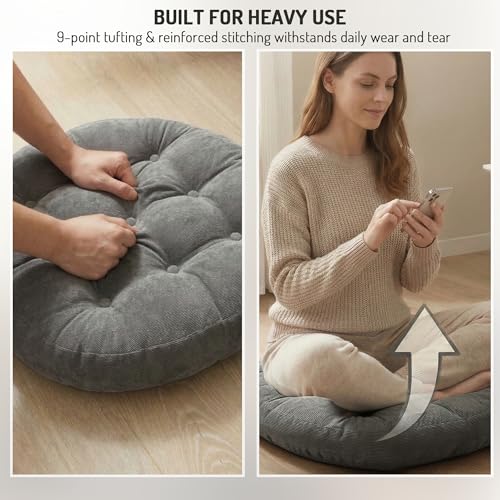 Meditation Floor Pillow Set of 2, Round Large Pillows Seating for Adults, Tufted Corduroy Cushion for Tatami Living Room, Grey, 22 Inch - color: Round | Grey | 2 Pack, size: 2 Pack