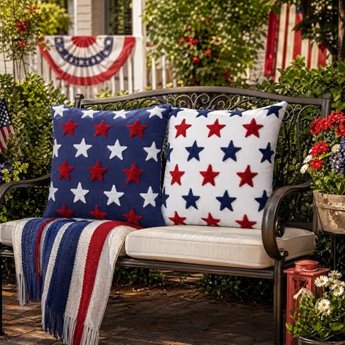 4 Pcs 4th of July American Flag Decorative Throw Pillow covers,18x18 Inch Tufted Embroidery Patriotic Star Cushion Cover Set, Independence Day Memorial Day Plush Decor Bedroom Outdoor Home Sofa Couch - size: 18" x 18" (Pack of 4)