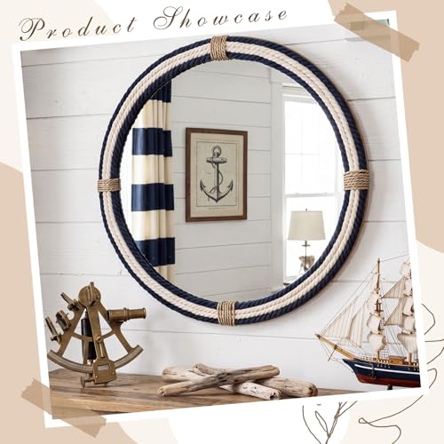 Vercraft Nautical Coastal Mirror 30" Wall Decor with Rope Wrapped Trim and Hanging Loop Round Circle Nursery Mirror Nautical Boho Rustic Decorative for Living Room, Bedroom Blue and White - size: 30"L x 30"W