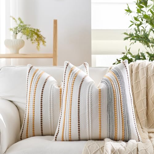 Boho Pillow Covers 18x18 Inch Orange Blue White Striped Farmhouse Decorative Accen Throw Pillow Covers Boho Cushion Case for Bed Sofa Couch Home Decor Set of 2 - color: Orange Blue White